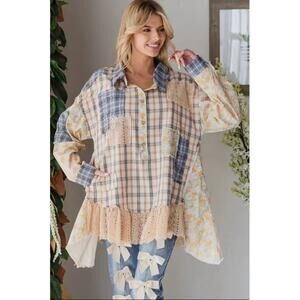 Oli & Hali Cream Plaid Patchwork Lace-Trim Blouse